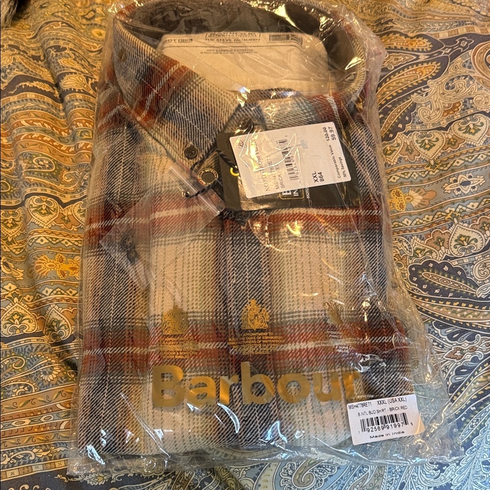Barbour Men's Cream and Red Plaid Shirt
